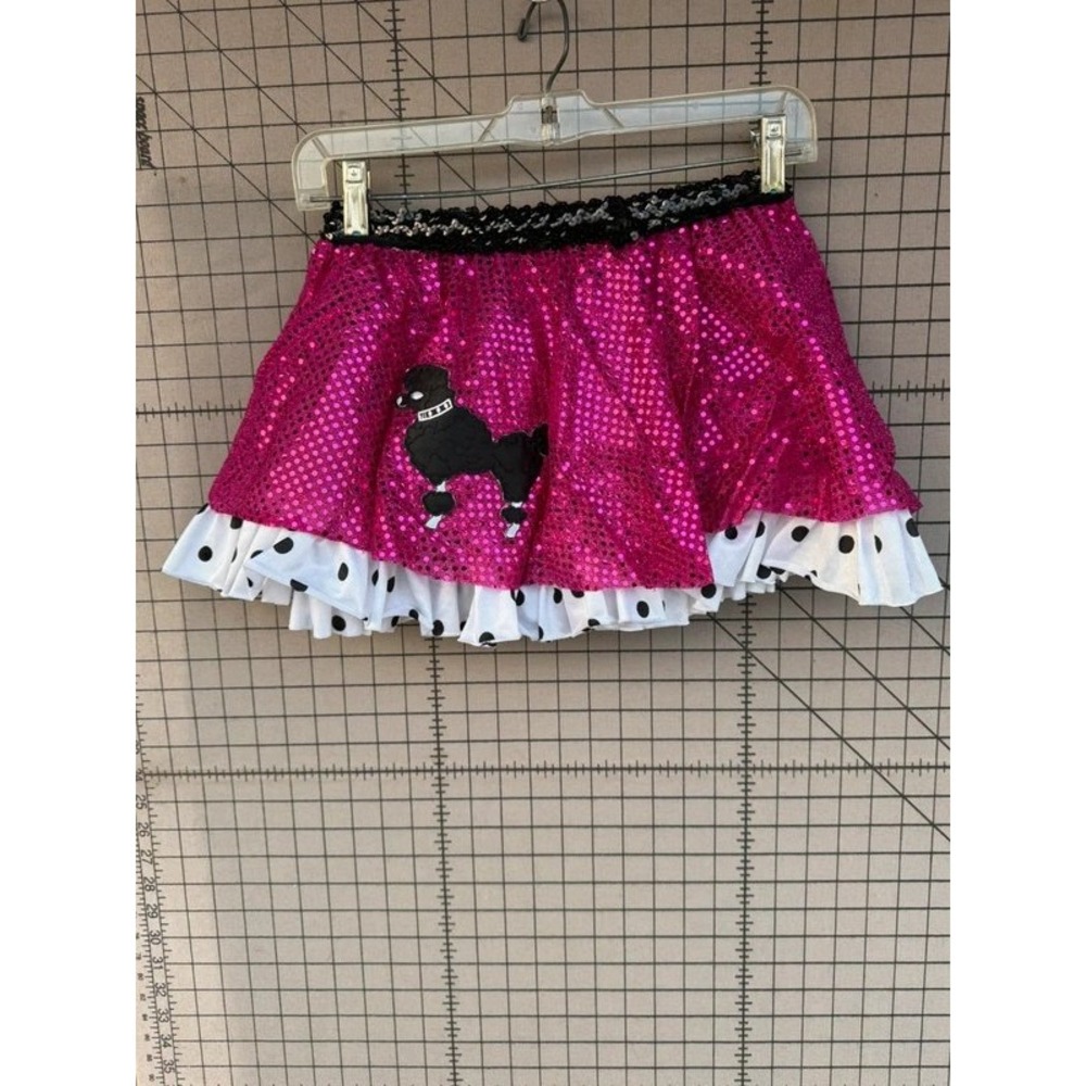 Hot Pink Sequin Poodle Skirt Black Polka Dot Ruffle Hem 50s Costume Skirt